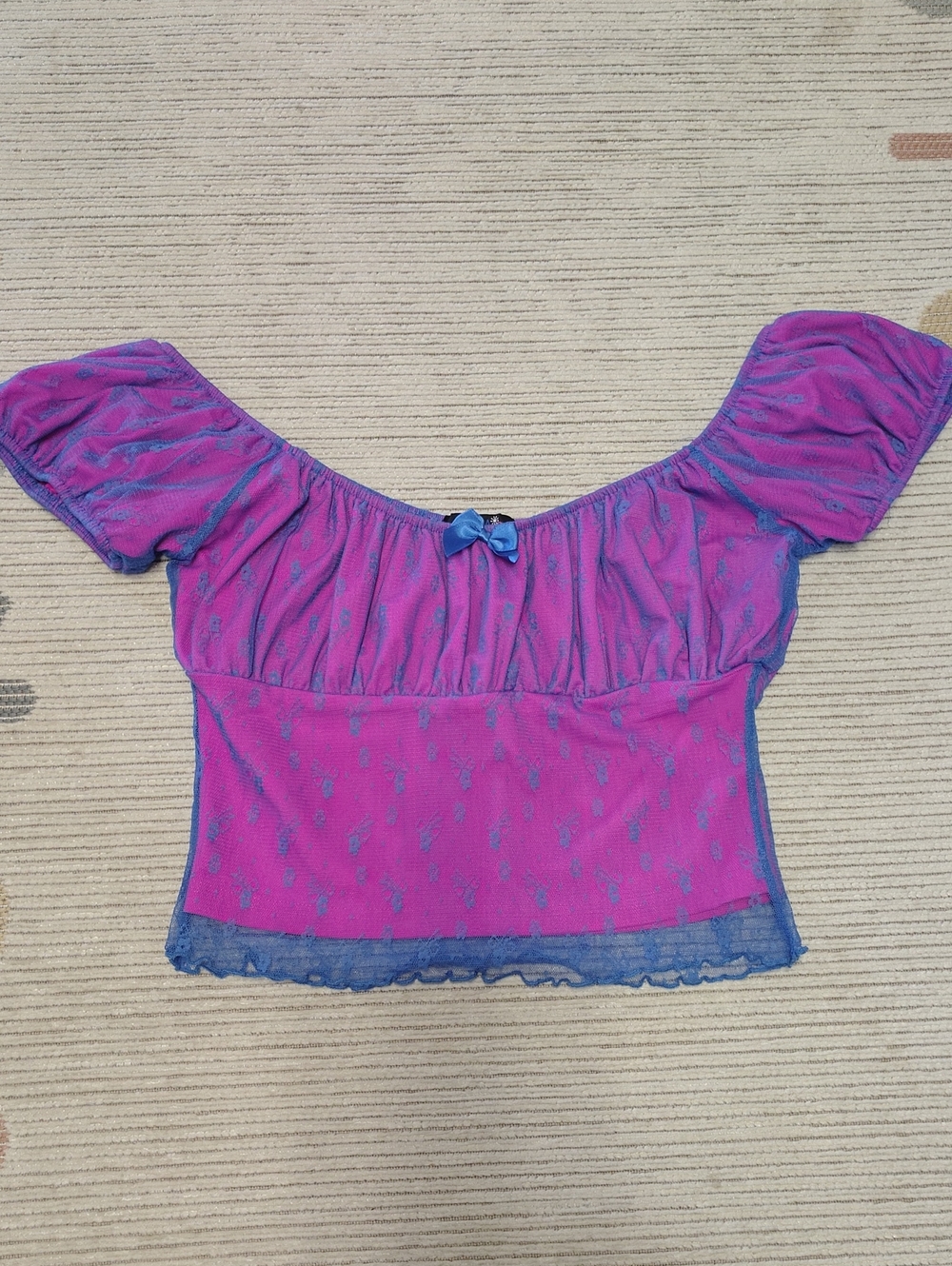 Y2K dELiA*s Pink Blue Lace Mesh Milkmaid Babydoll M Baby Doll Coquette Crop Top
